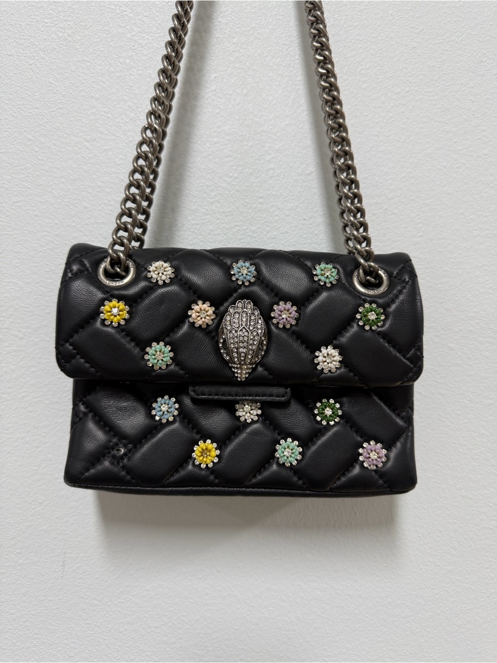 Kurt Geiger London Mini Kensington Black Quilted Bag Multicolor Flower Studs